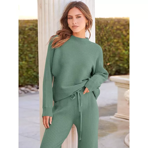 imageANRABESS Womens Two Piece Outfits Batwing Long Sleeve Crop Top amp Ribbed Knit Wide Leg Pants Loungewear Sweater SetsGray Green