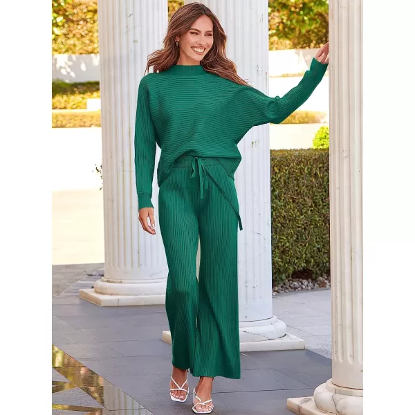 imageANRABESS Womens Two Piece Outfits Batwing Long Sleeve Crop Top amp Ribbed Knit Wide Leg Pants Loungewear Sweater SetsGreen