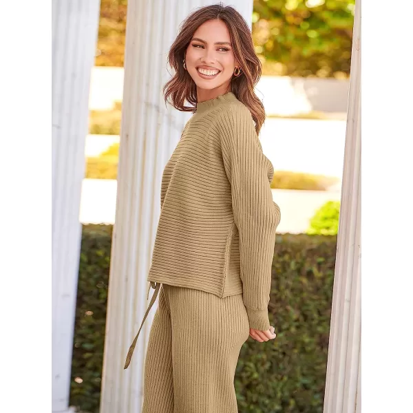imageANRABESS Womens Two Piece Outfits Batwing Long Sleeve Crop Top amp Ribbed Knit Wide Leg Pants Loungewear Sweater SetsKhaki