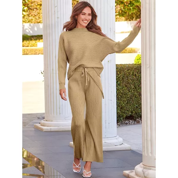 imageANRABESS Womens Two Piece Outfits Batwing Long Sleeve Crop Top amp Ribbed Knit Wide Leg Pants Loungewear Sweater SetsKhaki