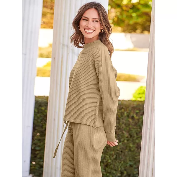 imageANRABESS Womens Two Piece Outfits Batwing Long Sleeve Crop Top amp Ribbed Knit Wide Leg Pants Loungewear Sweater SetsKhaki