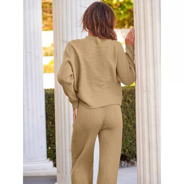 imageANRABESS Womens Two Piece Outfits Batwing Long Sleeve Crop Top amp Ribbed Knit Wide Leg Pants Loungewear Sweater SetsKhaki