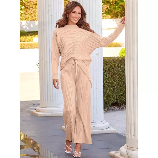 imageANRABESS Womens Two Piece Outfits Batwing Long Sleeve Crop Top amp Ribbed Knit Wide Leg Pants Loungewear Sweater SetsPink