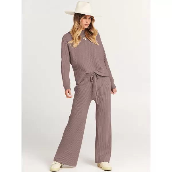 imageANRABESS Womens Two Piece Outfits Batwing Long Sleeve Crop Top amp Ribbed Knit Wide Leg Pants Loungewear Sweater SetsRed Apricot