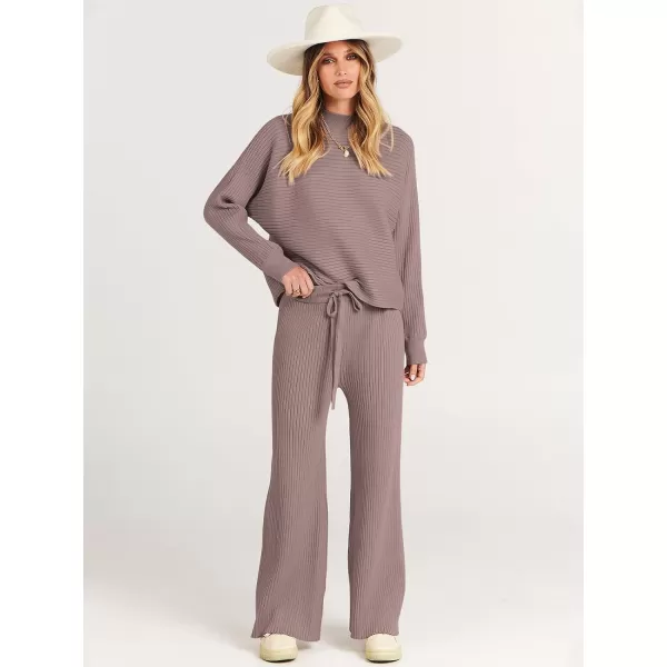 imageANRABESS Womens Two Piece Outfits Batwing Long Sleeve Crop Top amp Ribbed Knit Wide Leg Pants Loungewear Sweater SetsRed Apricot