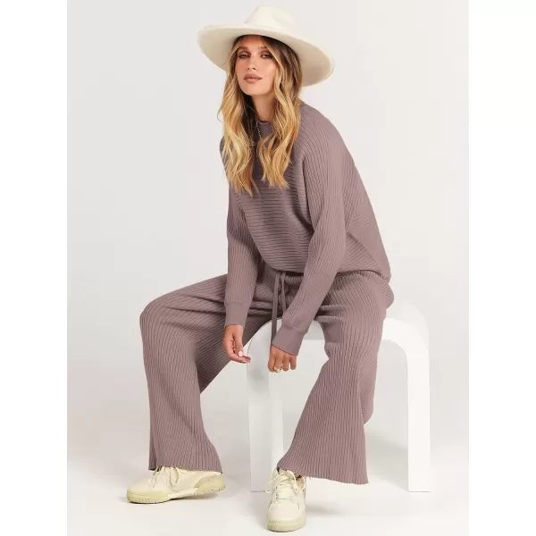 imageANRABESS Womens Two Piece Outfits Batwing Long Sleeve Crop Top amp Ribbed Knit Wide Leg Pants Loungewear Sweater SetsRed Apricot