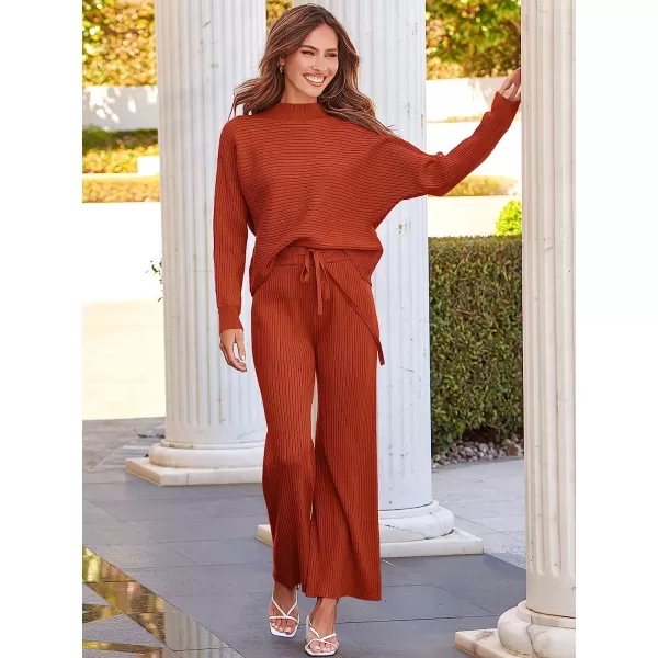 imageANRABESS Womens Two Piece Outfits Batwing Long Sleeve Crop Top amp Ribbed Knit Wide Leg Pants Loungewear Sweater SetsRust