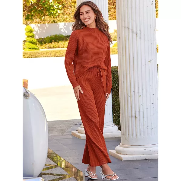 imageANRABESS Womens Two Piece Outfits Batwing Long Sleeve Crop Top amp Ribbed Knit Wide Leg Pants Loungewear Sweater SetsRust