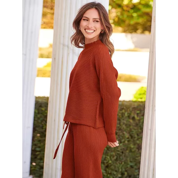 imageANRABESS Womens Two Piece Outfits Batwing Long Sleeve Crop Top amp Ribbed Knit Wide Leg Pants Loungewear Sweater SetsRust