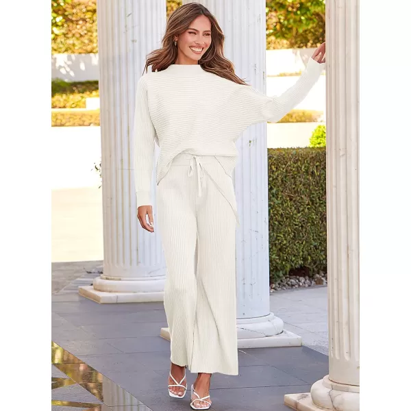 imageANRABESS Womens Two Piece Outfits Batwing Long Sleeve Crop Top amp Ribbed Knit Wide Leg Pants Loungewear Sweater SetsWhite