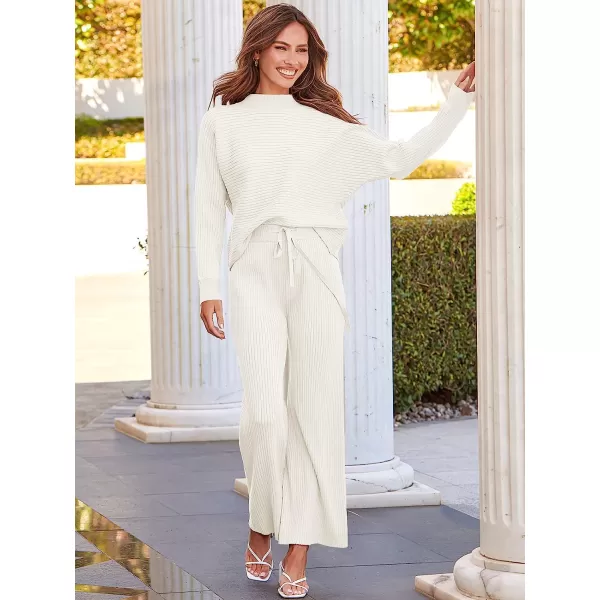 imageANRABESS Womens Two Piece Outfits Batwing Long Sleeve Crop Top amp Ribbed Knit Wide Leg Pants Loungewear Sweater SetsWhite