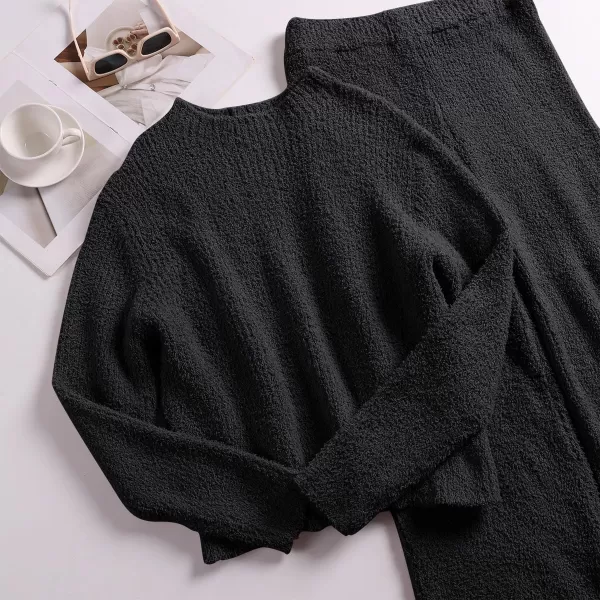 imageANRABESS Womens Two Piece Outfits Chunky Knit Fuzzy Sweater Set Long Sleeve Crop Pullover Wide Leg Pant Matching Lounge SetBlack