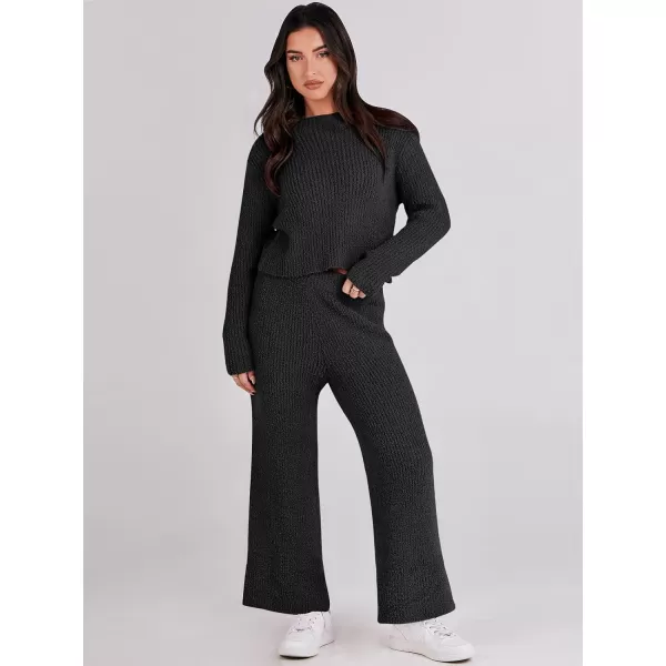 imageANRABESS Womens Two Piece Outfits Chunky Knit Fuzzy Sweater Set Long Sleeve Crop Pullover Wide Leg Pant Matching Lounge SetBlack