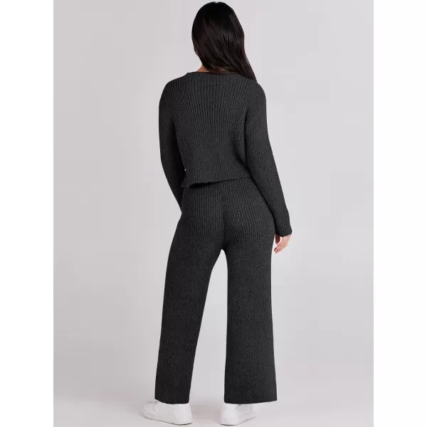 imageANRABESS Womens Two Piece Outfits Chunky Knit Fuzzy Sweater Set Long Sleeve Crop Pullover Wide Leg Pant Matching Lounge SetBlack