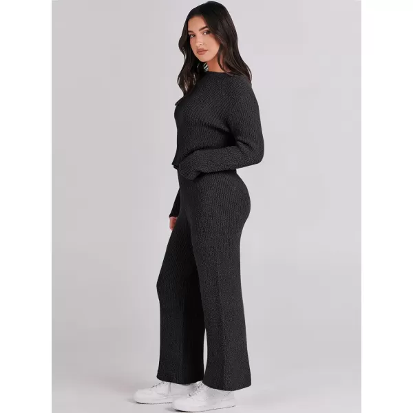 imageANRABESS Womens Two Piece Outfits Chunky Knit Fuzzy Sweater Set Long Sleeve Crop Pullover Wide Leg Pant Matching Lounge SetBlack
