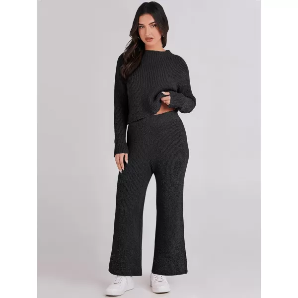imageANRABESS Womens Two Piece Outfits Chunky Knit Fuzzy Sweater Set Long Sleeve Crop Pullover Wide Leg Pant Matching Lounge SetBlack