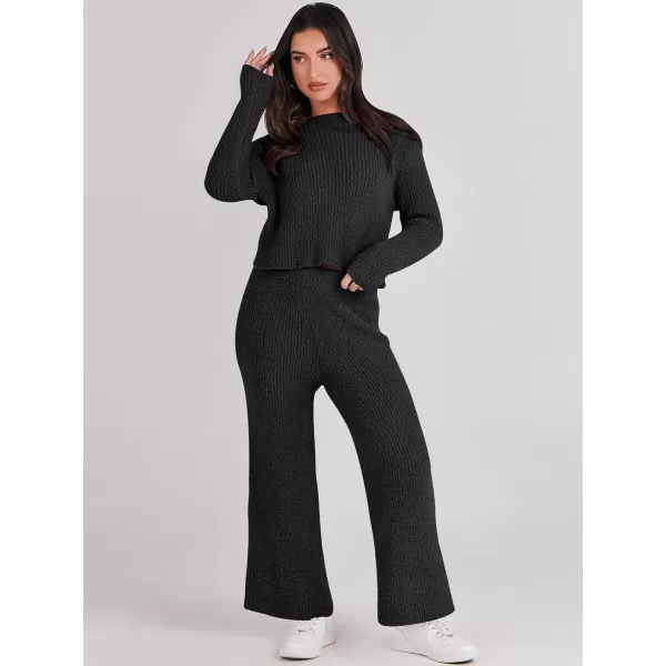 imageANRABESS Womens Two Piece Outfits Chunky Knit Fuzzy Sweater Set Long Sleeve Crop Pullover Wide Leg Pant Matching Lounge SetBlack
