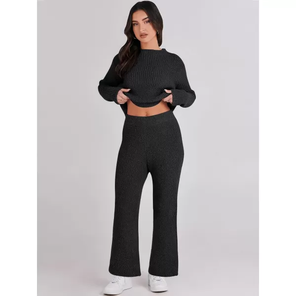 imageANRABESS Womens Two Piece Outfits Chunky Knit Fuzzy Sweater Set Long Sleeve Crop Pullover Wide Leg Pant Matching Lounge SetBlack