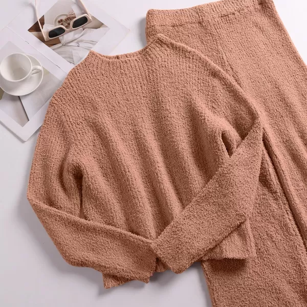 imageANRABESS Womens Two Piece Outfits Chunky Knit Fuzzy Sweater Set Long Sleeve Crop Pullover Wide Leg Pant Matching Lounge SetCamel
