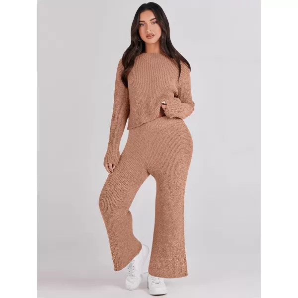 imageANRABESS Womens Two Piece Outfits Chunky Knit Fuzzy Sweater Set Long Sleeve Crop Pullover Wide Leg Pant Matching Lounge SetCamel