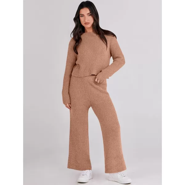 imageANRABESS Womens Two Piece Outfits Chunky Knit Fuzzy Sweater Set Long Sleeve Crop Pullover Wide Leg Pant Matching Lounge SetCamel