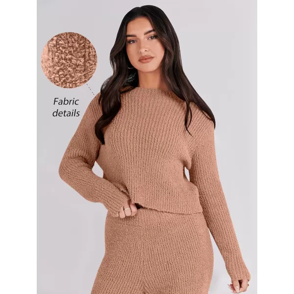 imageANRABESS Womens Two Piece Outfits Chunky Knit Fuzzy Sweater Set Long Sleeve Crop Pullover Wide Leg Pant Matching Lounge SetCamel