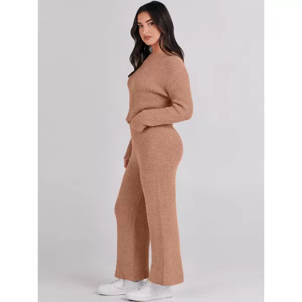 imageANRABESS Womens Two Piece Outfits Chunky Knit Fuzzy Sweater Set Long Sleeve Crop Pullover Wide Leg Pant Matching Lounge SetCamel
