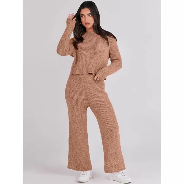 imageANRABESS Womens Two Piece Outfits Chunky Knit Fuzzy Sweater Set Long Sleeve Crop Pullover Wide Leg Pant Matching Lounge SetCamel