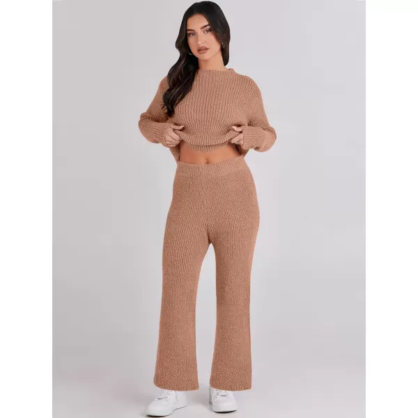 imageANRABESS Womens Two Piece Outfits Chunky Knit Fuzzy Sweater Set Long Sleeve Crop Pullover Wide Leg Pant Matching Lounge SetCamel