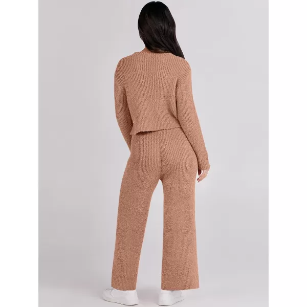 imageANRABESS Womens Two Piece Outfits Chunky Knit Fuzzy Sweater Set Long Sleeve Crop Pullover Wide Leg Pant Matching Lounge SetCamel