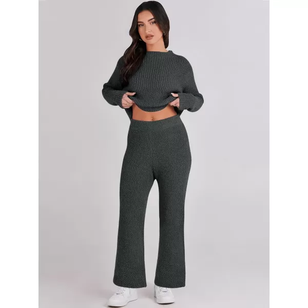 imageANRABESS Womens Two Piece Outfits Chunky Knit Fuzzy Sweater Set Long Sleeve Crop Pullover Wide Leg Pant Matching Lounge SetGrey