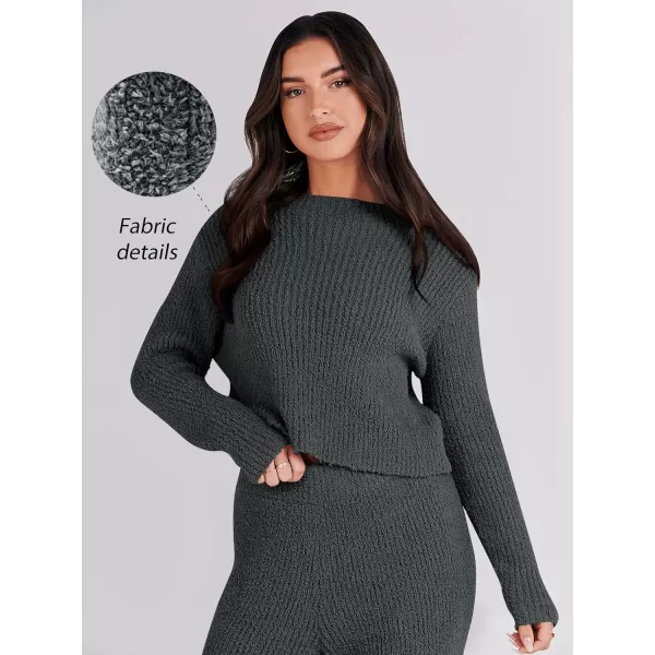 imageANRABESS Womens Two Piece Outfits Chunky Knit Fuzzy Sweater Set Long Sleeve Crop Pullover Wide Leg Pant Matching Lounge SetGrey