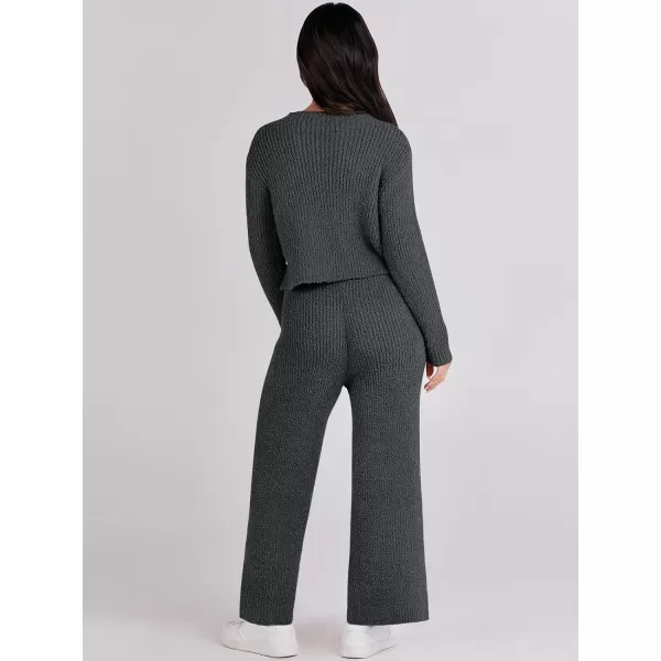 imageANRABESS Womens Two Piece Outfits Chunky Knit Fuzzy Sweater Set Long Sleeve Crop Pullover Wide Leg Pant Matching Lounge SetGrey
