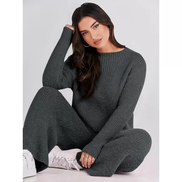 imageANRABESS Womens Two Piece Outfits Chunky Knit Fuzzy Sweater Set Long Sleeve Crop Pullover Wide Leg Pant Matching Lounge SetGrey
