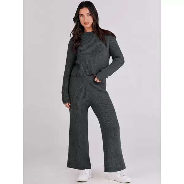imageANRABESS Womens Two Piece Outfits Chunky Knit Fuzzy Sweater Set Long Sleeve Crop Pullover Wide Leg Pant Matching Lounge SetGrey