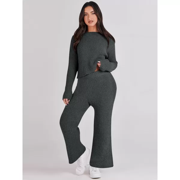 imageANRABESS Womens Two Piece Outfits Chunky Knit Fuzzy Sweater Set Long Sleeve Crop Pullover Wide Leg Pant Matching Lounge SetGrey