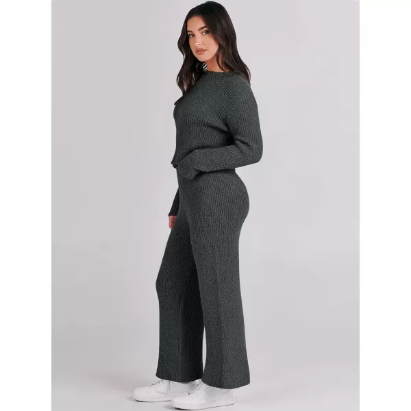 imageANRABESS Womens Two Piece Outfits Chunky Knit Fuzzy Sweater Set Long Sleeve Crop Pullover Wide Leg Pant Matching Lounge SetGrey