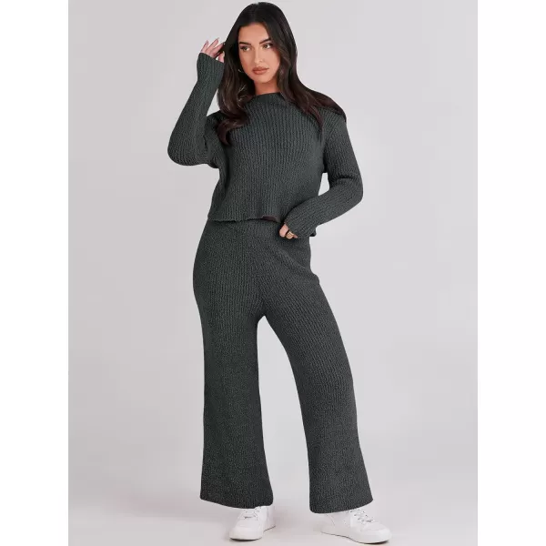 imageANRABESS Womens Two Piece Outfits Chunky Knit Fuzzy Sweater Set Long Sleeve Crop Pullover Wide Leg Pant Matching Lounge SetGrey