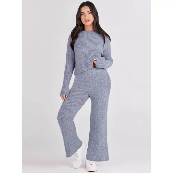imageANRABESS Womens Two Piece Outfits Chunky Knit Fuzzy Sweater Set Long Sleeve Crop Pullover Wide Leg Pant Matching Lounge SetGrey Blue