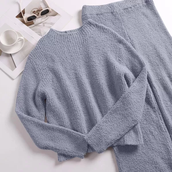 imageANRABESS Womens Two Piece Outfits Chunky Knit Fuzzy Sweater Set Long Sleeve Crop Pullover Wide Leg Pant Matching Lounge SetGrey Blue