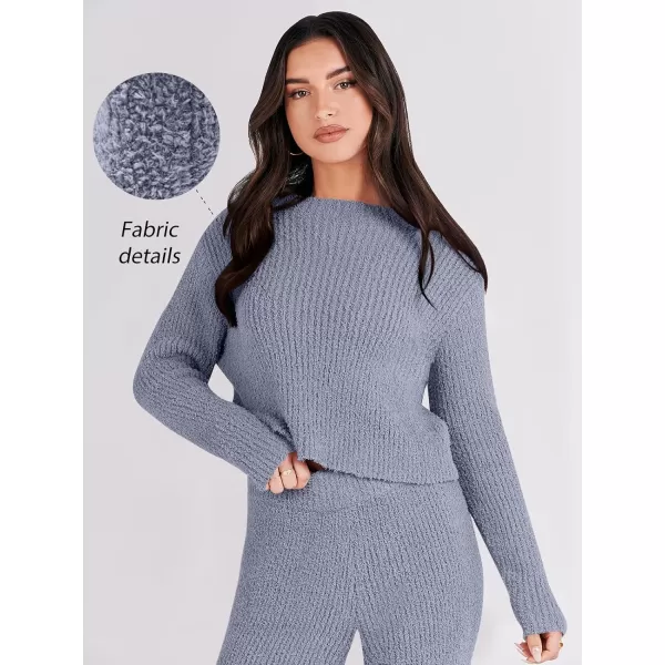 imageANRABESS Womens Two Piece Outfits Chunky Knit Fuzzy Sweater Set Long Sleeve Crop Pullover Wide Leg Pant Matching Lounge SetGrey Blue