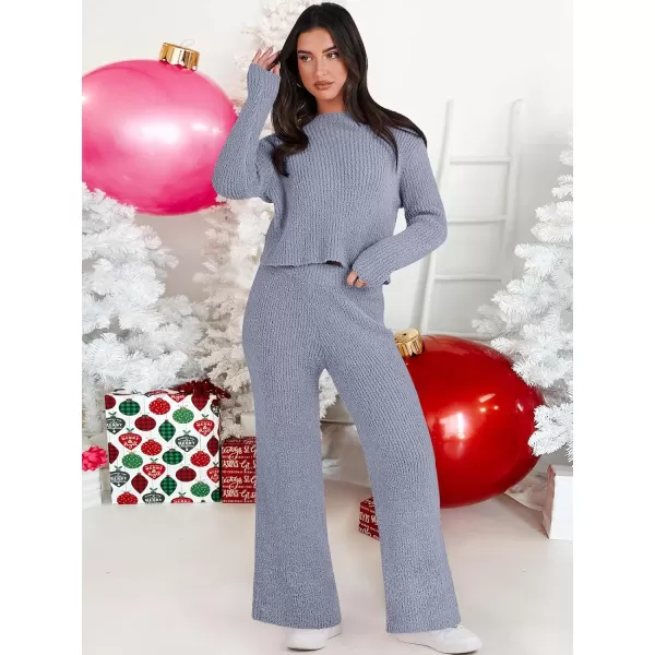 imageANRABESS Womens Two Piece Outfits Chunky Knit Fuzzy Sweater Set Long Sleeve Crop Pullover Wide Leg Pant Matching Lounge SetGrey Blue