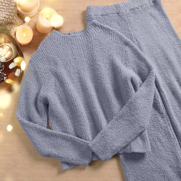 imageANRABESS Womens Two Piece Outfits Chunky Knit Fuzzy Sweater Set Long Sleeve Crop Pullover Wide Leg Pant Matching Lounge SetGrey Blue