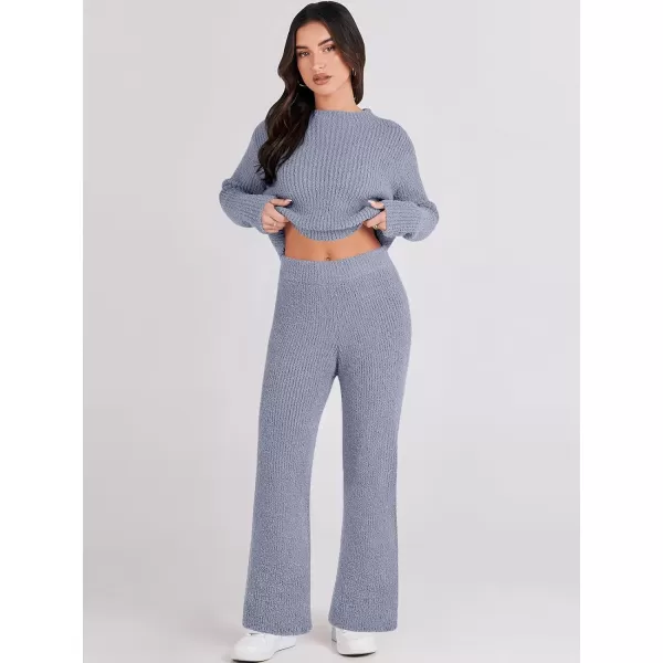 imageANRABESS Womens Two Piece Outfits Chunky Knit Fuzzy Sweater Set Long Sleeve Crop Pullover Wide Leg Pant Matching Lounge SetGrey Blue