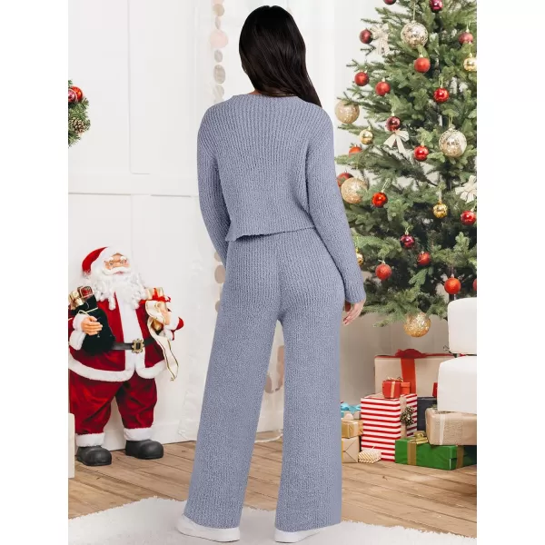 imageANRABESS Womens Two Piece Outfits Chunky Knit Fuzzy Sweater Set Long Sleeve Crop Pullover Wide Leg Pant Matching Lounge SetGrey Blue