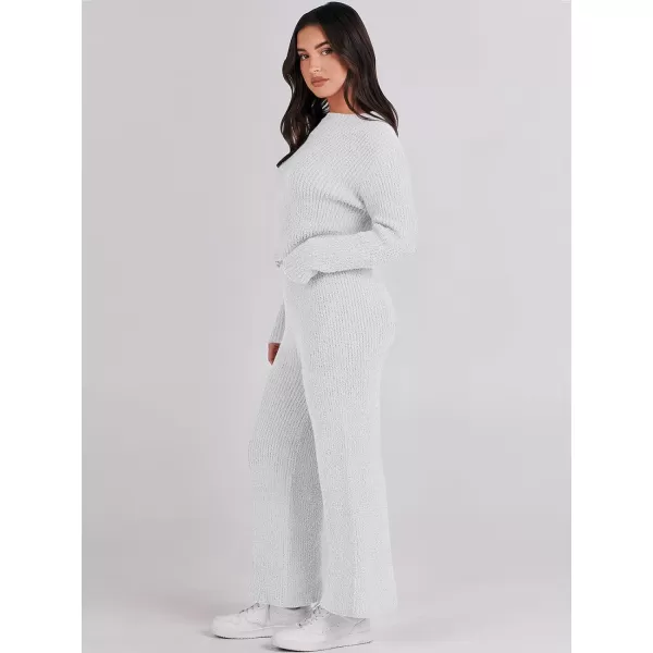 imageANRABESS Womens Two Piece Outfits Chunky Knit Fuzzy Sweater Set Long Sleeve Crop Pullover Wide Leg Pant Matching Lounge SetGrey White
