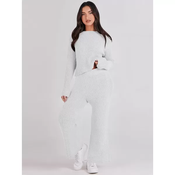 imageANRABESS Womens Two Piece Outfits Chunky Knit Fuzzy Sweater Set Long Sleeve Crop Pullover Wide Leg Pant Matching Lounge SetGrey White