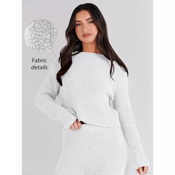imageANRABESS Womens Two Piece Outfits Chunky Knit Fuzzy Sweater Set Long Sleeve Crop Pullover Wide Leg Pant Matching Lounge SetGrey White