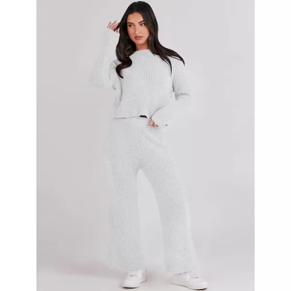 imageANRABESS Womens Two Piece Outfits Chunky Knit Fuzzy Sweater Set Long Sleeve Crop Pullover Wide Leg Pant Matching Lounge SetGrey White