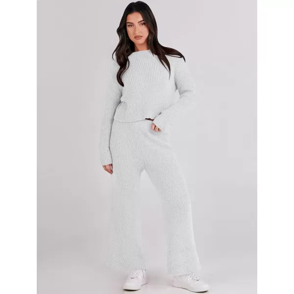 imageANRABESS Womens Two Piece Outfits Chunky Knit Fuzzy Sweater Set Long Sleeve Crop Pullover Wide Leg Pant Matching Lounge SetGrey White